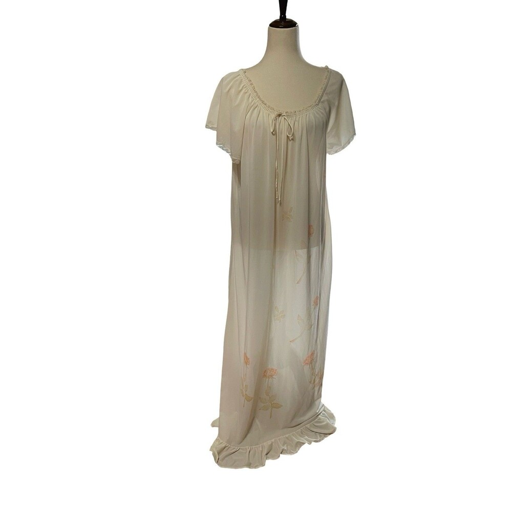 Philmaid Large Nightgown Gown On Off Shoulder Long Nylon Cream Peach Rose 1970s